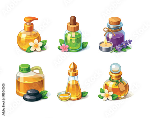 Spa oils. Isometric flat vector icons set of spa oils: massage oil bottle, spa treatment oil, relaxation oil vial, therapy oil container,