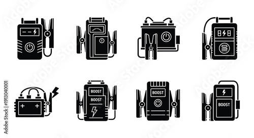 Collection of black and white power bank and charger icons