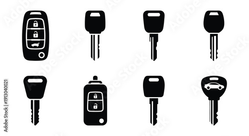 Collection of various car keys and remote controls in black silhouette