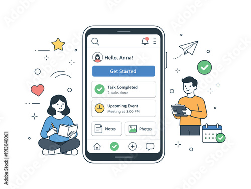 Mobile app interface art. A clean editorial scene showing a smartphone with a simple app interface, clear buttons and cards arranged neatly,