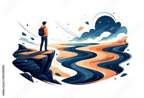   Edge of the unknown. Person standing still on a rocky cliff, desert waves below forming