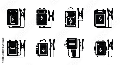Collection of black and white power bank and charger icons