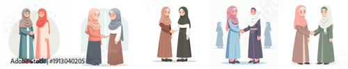vector of a Muslim woman shaking hands with another Muslim woman