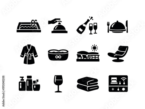 Luxury amenities. Solid icon set of Luxury amenities: private pool, butler service bell, champagne bottle, fine dining plate, luxury spa
