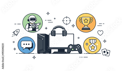    Gaming lifestyle. Minimal background with a central console or PC surrounded by icons for games, chat, and achievements, visual metaphor for