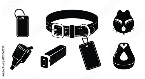 Black and white icons depicting pet accessories and travel items