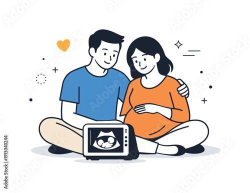 Expecting a baby. Two parents-to-be sitting together, looking at a small ultrasound screen with gentle smiles. The illustration communicates