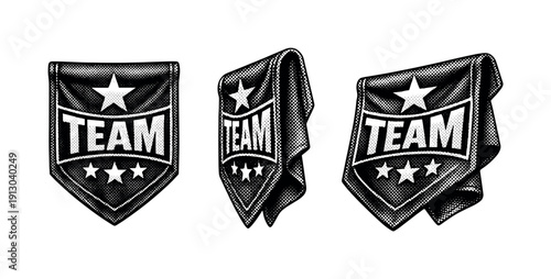 Sports Emblem Design. Sports team banner-style emblem object shown in three views including front view, side view, and angled view with realistic folds and