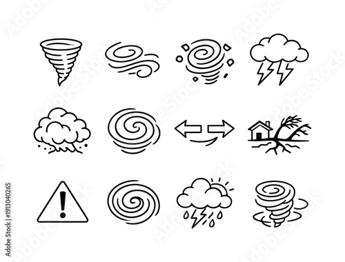 Tornado Swirling. Line icon set of Tornado Swirling: tornado funnel, swirling wind lines, debris spiral, storm cloud, lightning bolt, dust