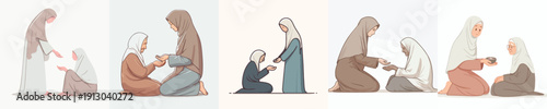 vector of a Muslim woman giving alms to a poor woman