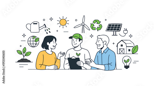 Sustainable agtech startups. Founders discussing eco-friendly farming methods with plant and energy icons nearby. Positive scene about