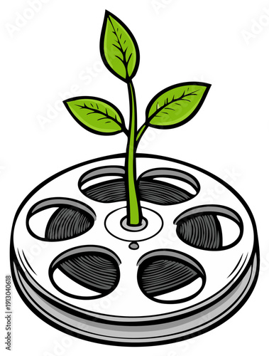 Film reel with a sprouting plant representing growth, nature and sustainability.