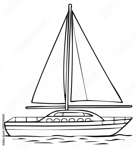 Sailing Boat Outline Illustration on Water for Coloring Pages or Educational Materials