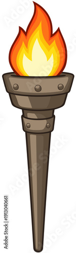 Medieval Metal Torch with Blazing Flame Vector Illustration