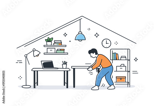 Designing attic workspace. Person arranging a desk, shelves, and lighting under a slanted roof. Focused, creative mood with simple furniture