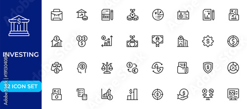 Investment and Finance Line Icon Set – Outline Icons for Investor, Risk Management, Economy, Financial Growth, Money and Coin Symbols, Editable Stroke Vector Illustration