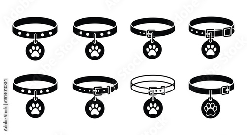 Black and white illustrations of dog collars with paw print and buckle details