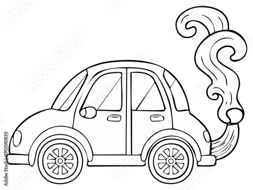 Cartoon car emitting stylized smoke or steam from its exhaust pipe line art