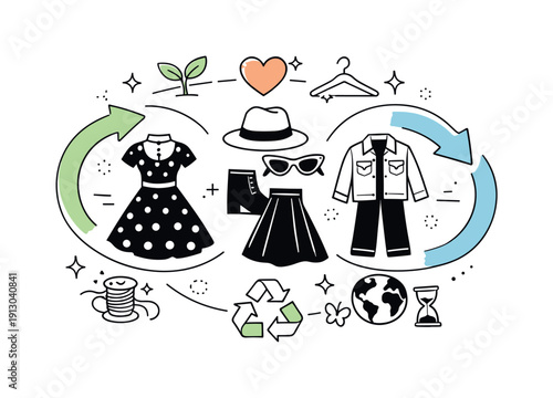 Sustainable fashion through vintage revival. Abstract editorial scene combining old clothing silhouettes with circular arrows and soft eco
