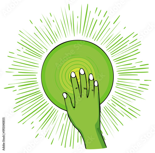 Green hand pressing glowing button vector illustration
