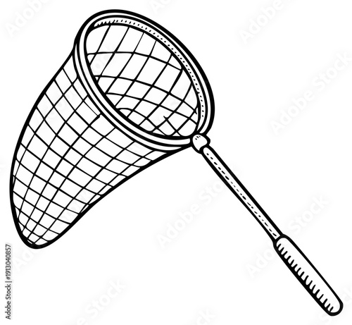 Cartoon style fishing net with long handle outline illustration.