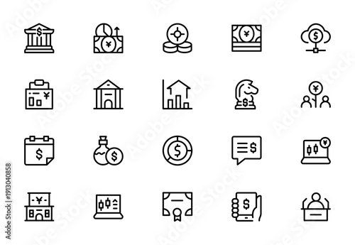 Investment and Finance Line Icon Set – Outline Icons for Investor, Risk Management, Economy, Financial Growth, Money and Coin Symbols, Editable Stroke Vector Illustration