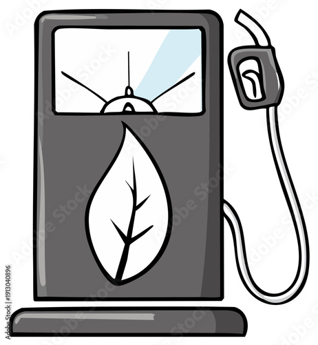 Cartoon depiction of an electric fuel station with a leaf symbol, illustrating environmentally friendly energy