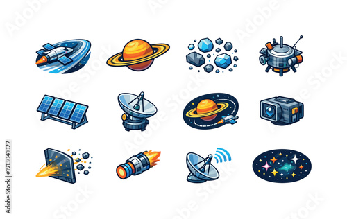    Exploring the rings of Saturn with a spacecraft. Colorful isometric vector icons set of Exploring the rings of Saturn with a spacecraft: