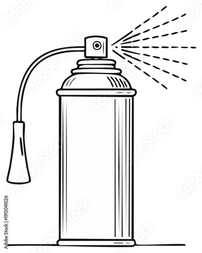 Vintage aerosol can spraying fine mist and droplets in line art illustration