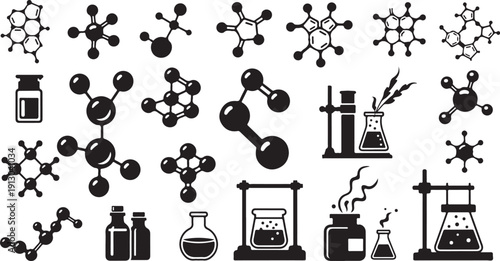 Chemistry laboratory equipment and molecular structures icons set
