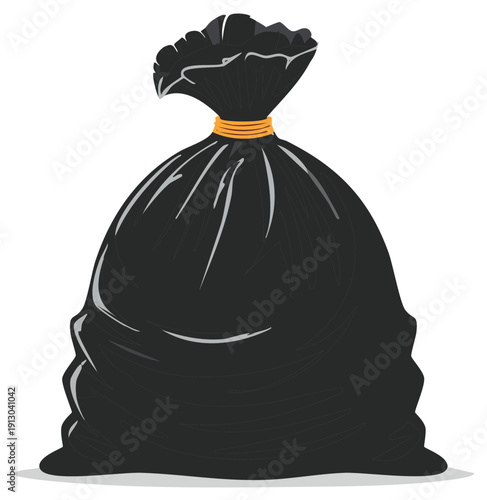 Full Black Trash Bag Tied Off Ready for Disposal Illustration Waste Management Cleanup Pollution Abatement