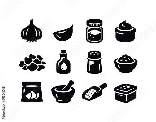 Garlic Ingredients Icons. Garlic Ingredients. Solid icon set of Garlic Ingredients: garlic bulb, garlic clove, garlic powder jar, garlic paste, dried garlic