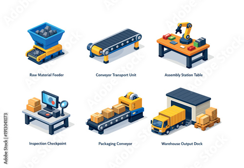 Manufacturing workflow. Isometric flat vector icons set of manufacturing workflow: raw material feeder, conveyor transport unit, assembly