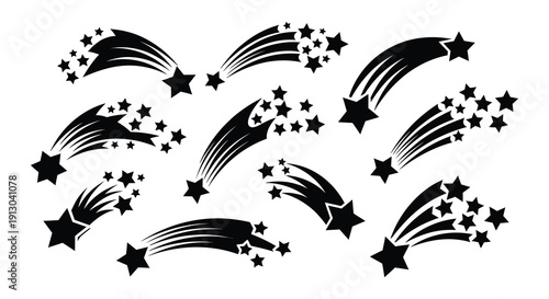 Black shooting stars with trails scattered across a white background