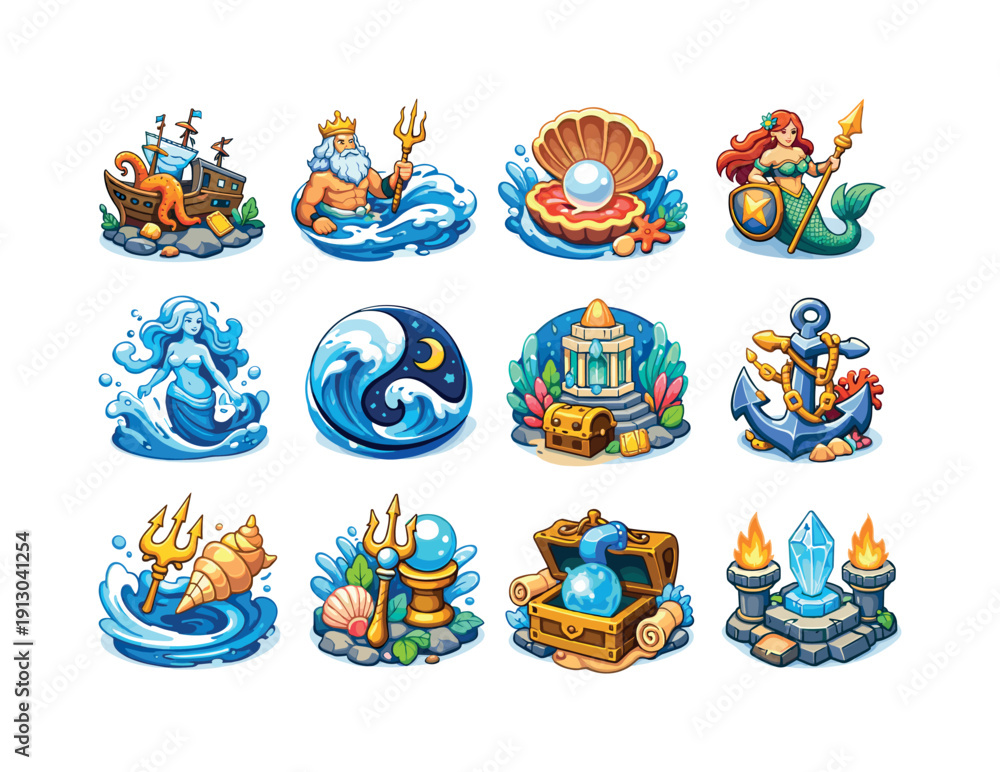 Naklejka premium Fantasy Sea Myth. Colorful isometric vector icons set of Fantasy Sea Myth: ancient sea legend, mythical god icon, symbolic ocean motifs,