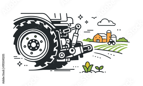 Tractor Wheel Elegance. Agricultural machinery. Close-up editorial scene of a tractor wheel and mechanical details, simplified and friendly. Emphasis on