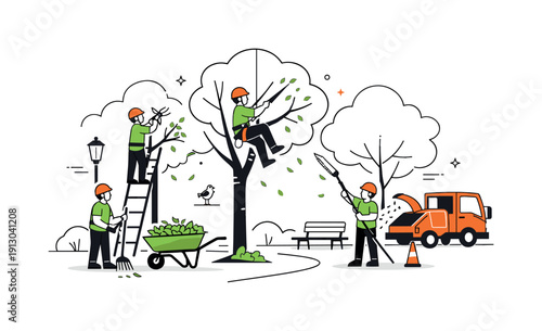 Maintaining urban trees. Arborists pruning trees along a street or park path, calm and organized. The scene reflects care for public spaces