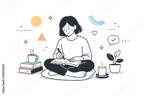 Personal wellness routine. A person journaling or writing notes while sitting comfortably in a quiet space. Reflective and calming moment