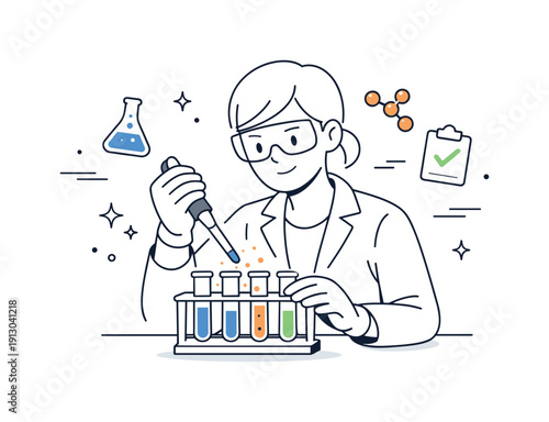  Laboratory experiment. A scientist pipetting liquids into test tubes while observing reactions, small floating abstract icons and stars