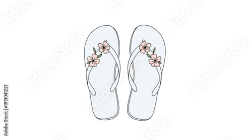 Pair of white flip flop sandals decorated with pink flowers and green leaves perfect for summer beach vacation themes.
