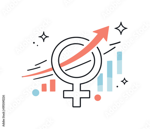 Modern feminism iconography. Abstract female symbol combined with stars and lines, representing progress and confidence. Clean symbolic