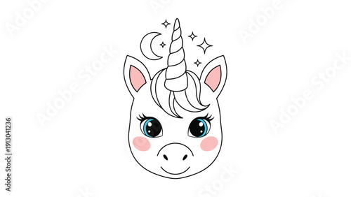 Sweet unicorn head illustration with a moon and stars background, featuring large eyes, pink cheeks, and a spiral horn.