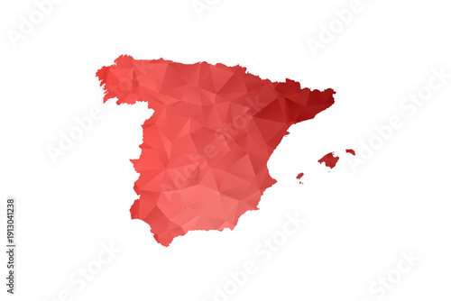 Spain Map - Polygon Style Vector Illustration in Red Gradient, Low Poly Geometric Design, Isolated on White Background, Perfect for Infographics, Reports, and Educational Materials.