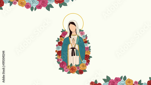 Religious illustration of the Virgin Mary surrounded by a colorful wreath of roses and flowers in a peaceful prayer pose.