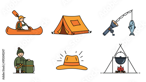 Colorful camping adventure icons set featuring a person canoeing, tent, fishing, hiking gear, and a campfire for outdoorsy themes.