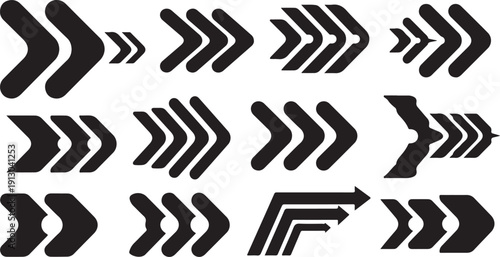Collection of various black arrow symbols on white background