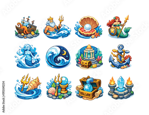 Fantasy Sea Myth. Colorful isometric vector icons set of Fantasy Sea Myth: ancient sea legend, mythical god icon, symbolic ocean motifs,