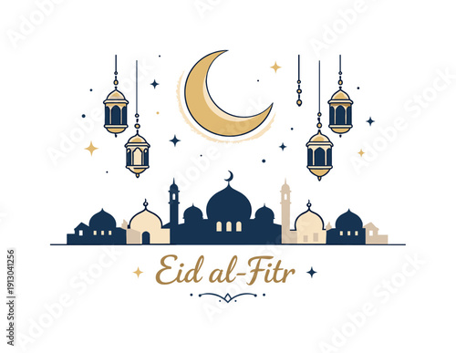    Eid al-Fitr elegant illustration. A calm festive scene with a crescent moon and lanterns gently floating above a simple city silhouette. The