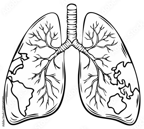 Stylized Human Lungs Anatomical Illustration with World Map Continent Outlines