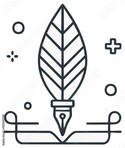 Vintage quill pen writing instrument poised over open book creative inspiration concept